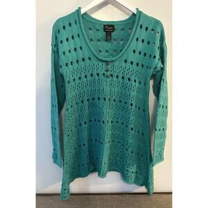 PURE handknit Green open open knit sweater XS/S Wood Buttons Asymmetrical Hem